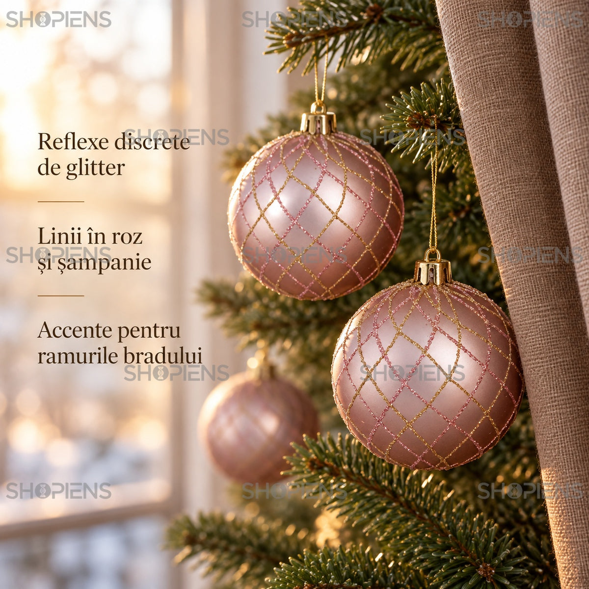 Globuri roz cu romburi șampanie, 6 bucăți, 8 cm – detalii decorative – Shopiens
