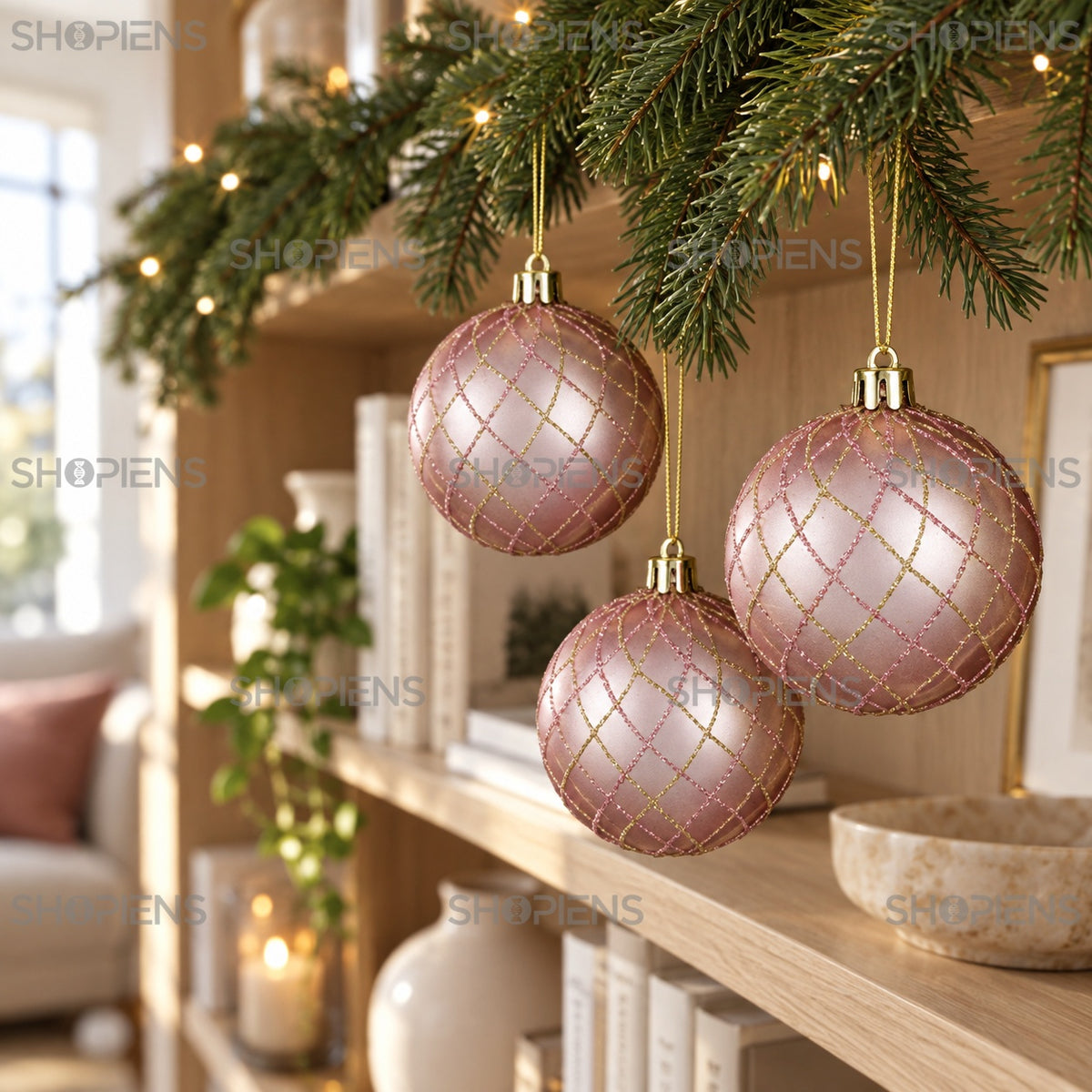 Globuri roz cu romburi șampanie, 6 bucăți, 8 cm – utilizare în decor – Shopiens
