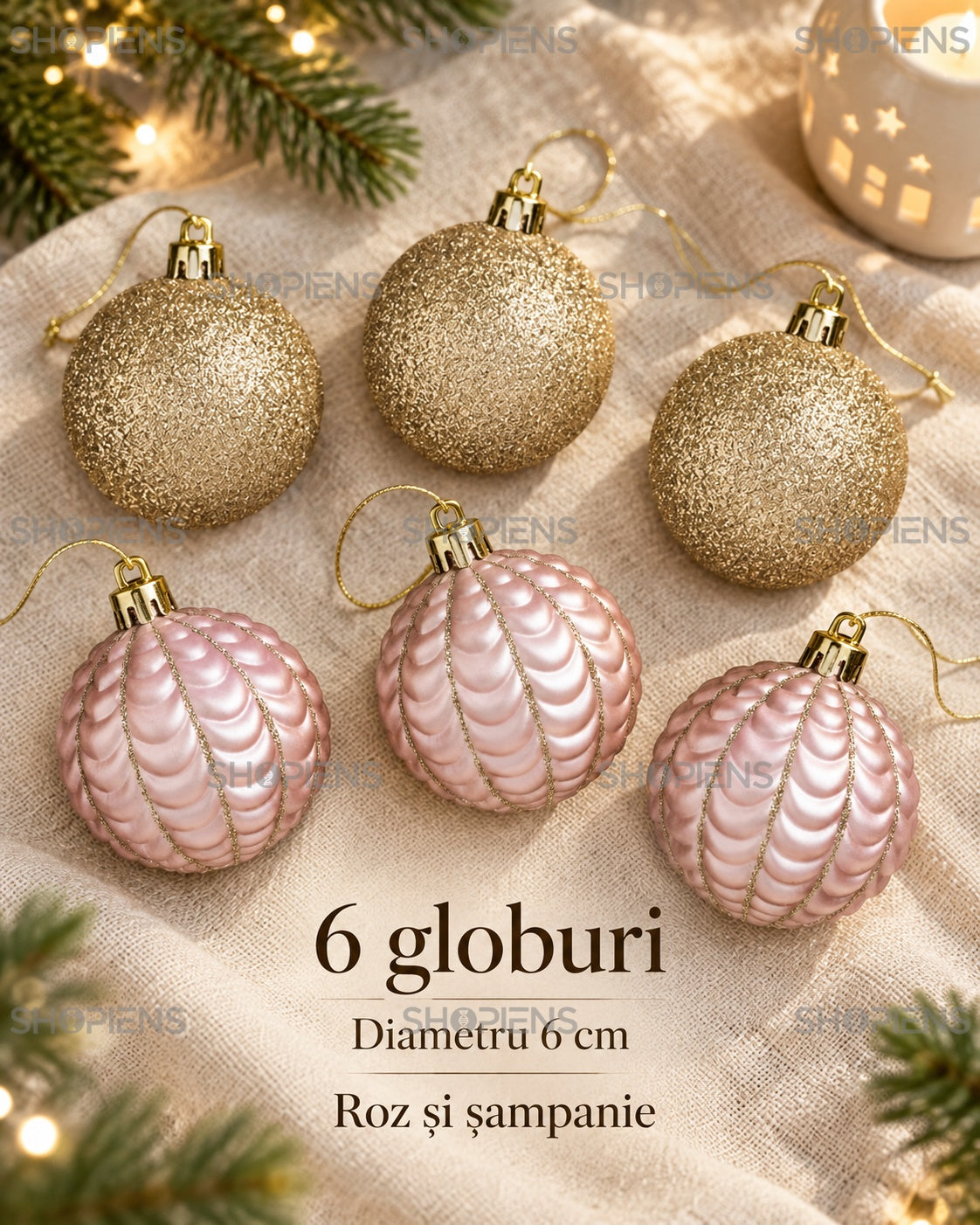 Set 6 globuri roz în relief și șampanie, 6 cm – dimensiuni și conținut – Shopiens