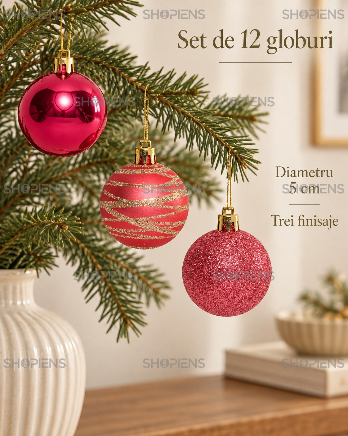 Set 12 globuri roz și roșii cu accente bej, 5 cm – specificații – Shopiens