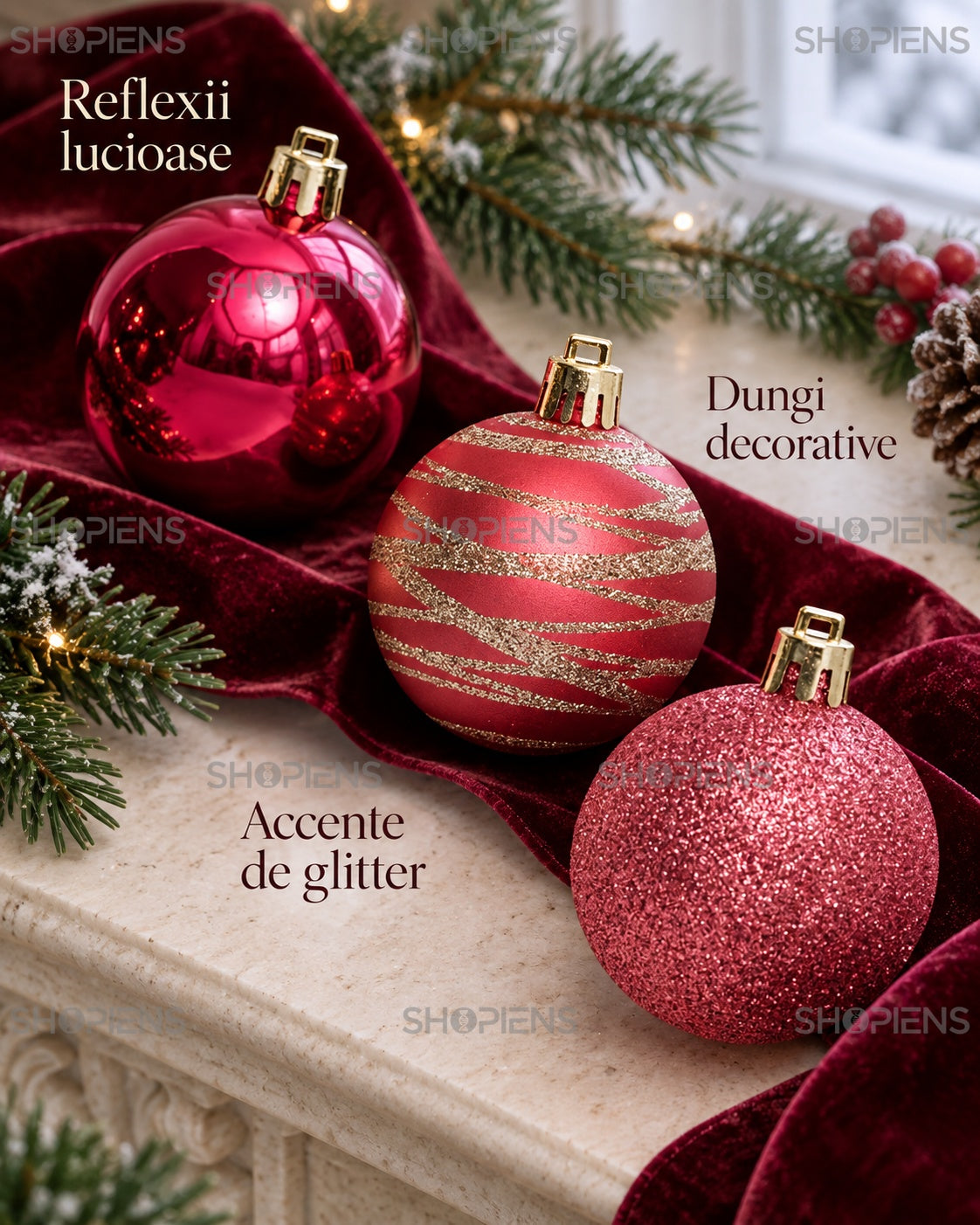 Set 12 globuri roz și roșii cu accente bej, 5 cm – finisaje decorative – Shopiens