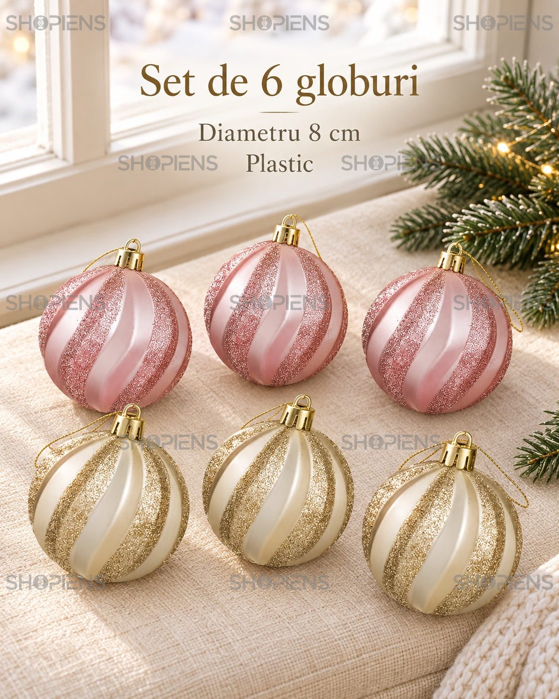 Globuri roz și șampanie cu dungi ondulate, set 6 – specificații – Shopiens