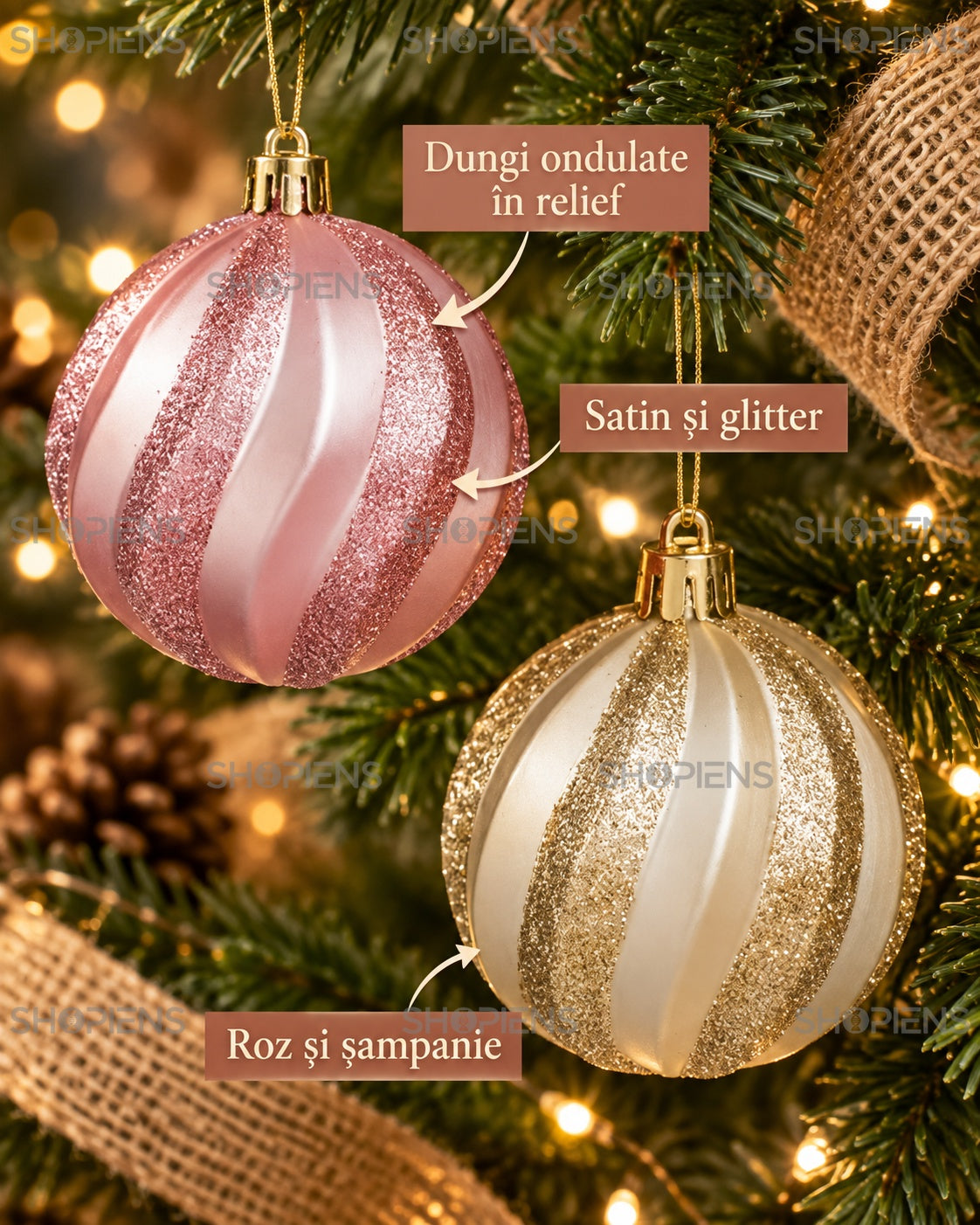 Globuri roz și șampanie cu dungi ondulate, set 6 – detalii de relief – Shopiens