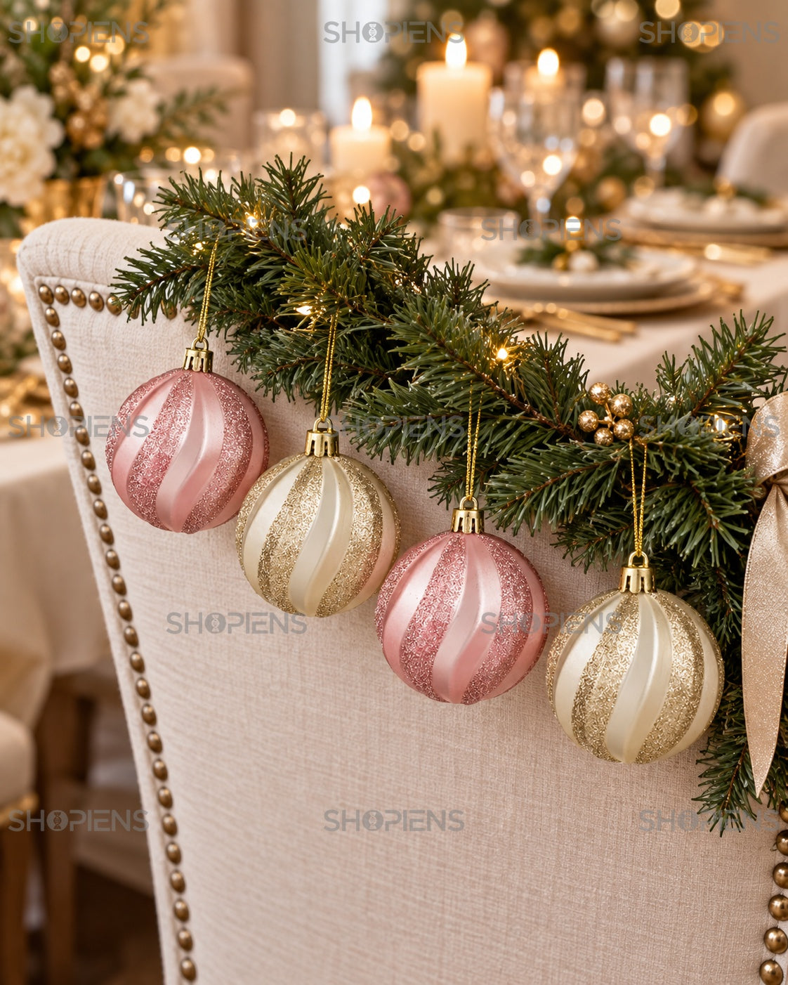 Globuri roz și șampanie cu dungi ondulate, set 6 – ghirlandă festivă – Shopiens