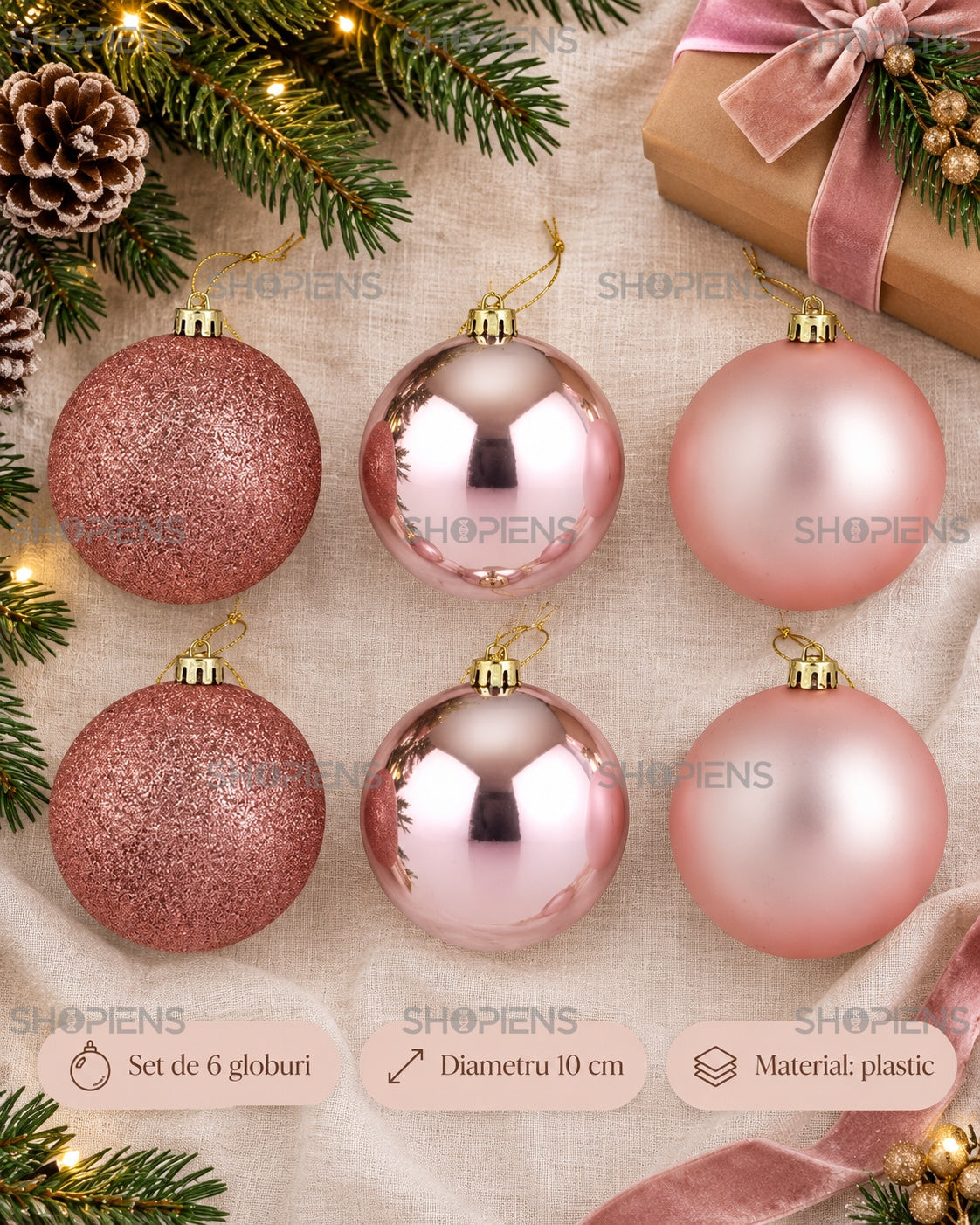 Set 6 globuri roz cu trei finisaje, 10 cm – specificații și conținut – Shopiens