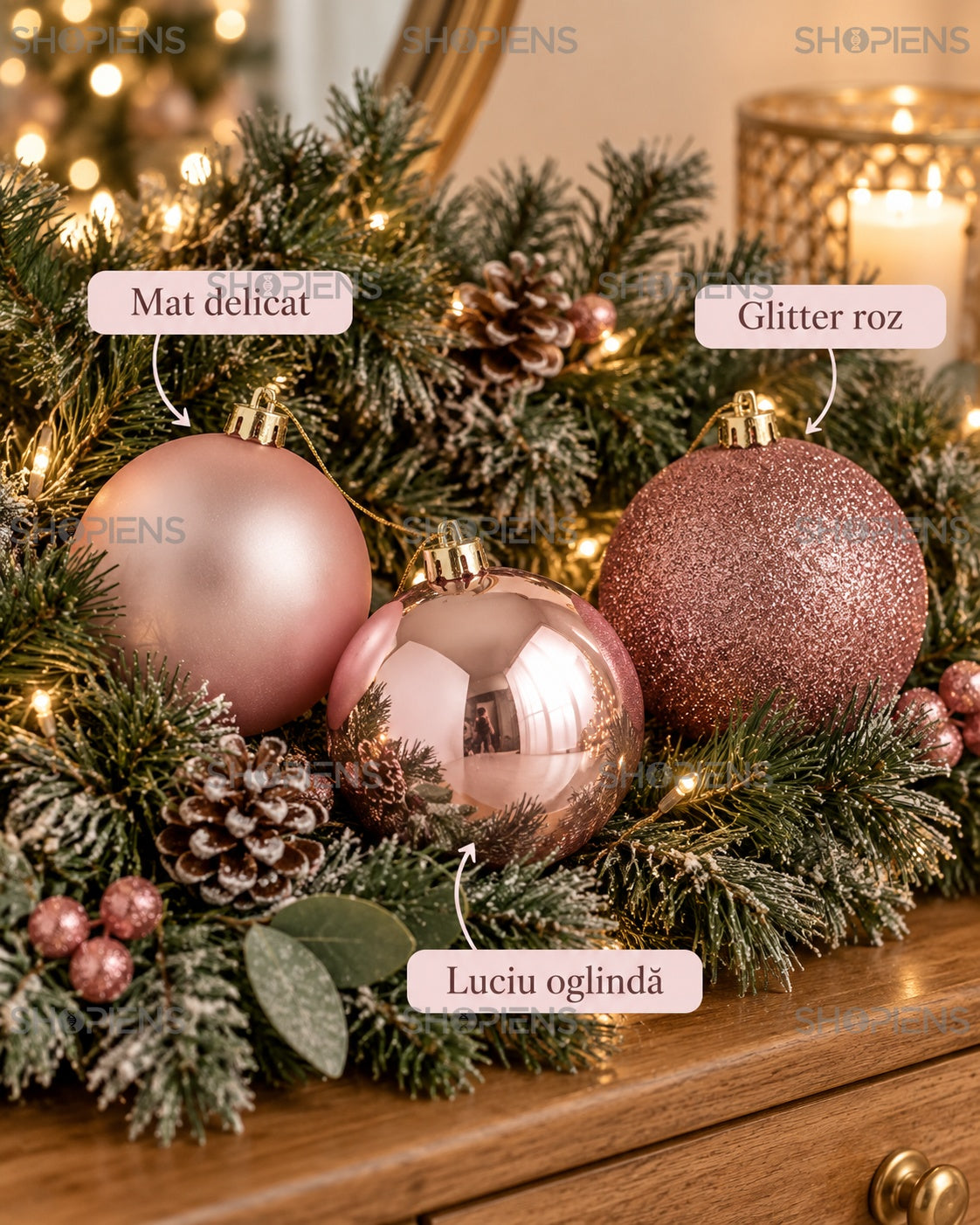 Set 6 globuri roz cu trei finisaje, 10 cm – cele trei finisaje – Shopiens