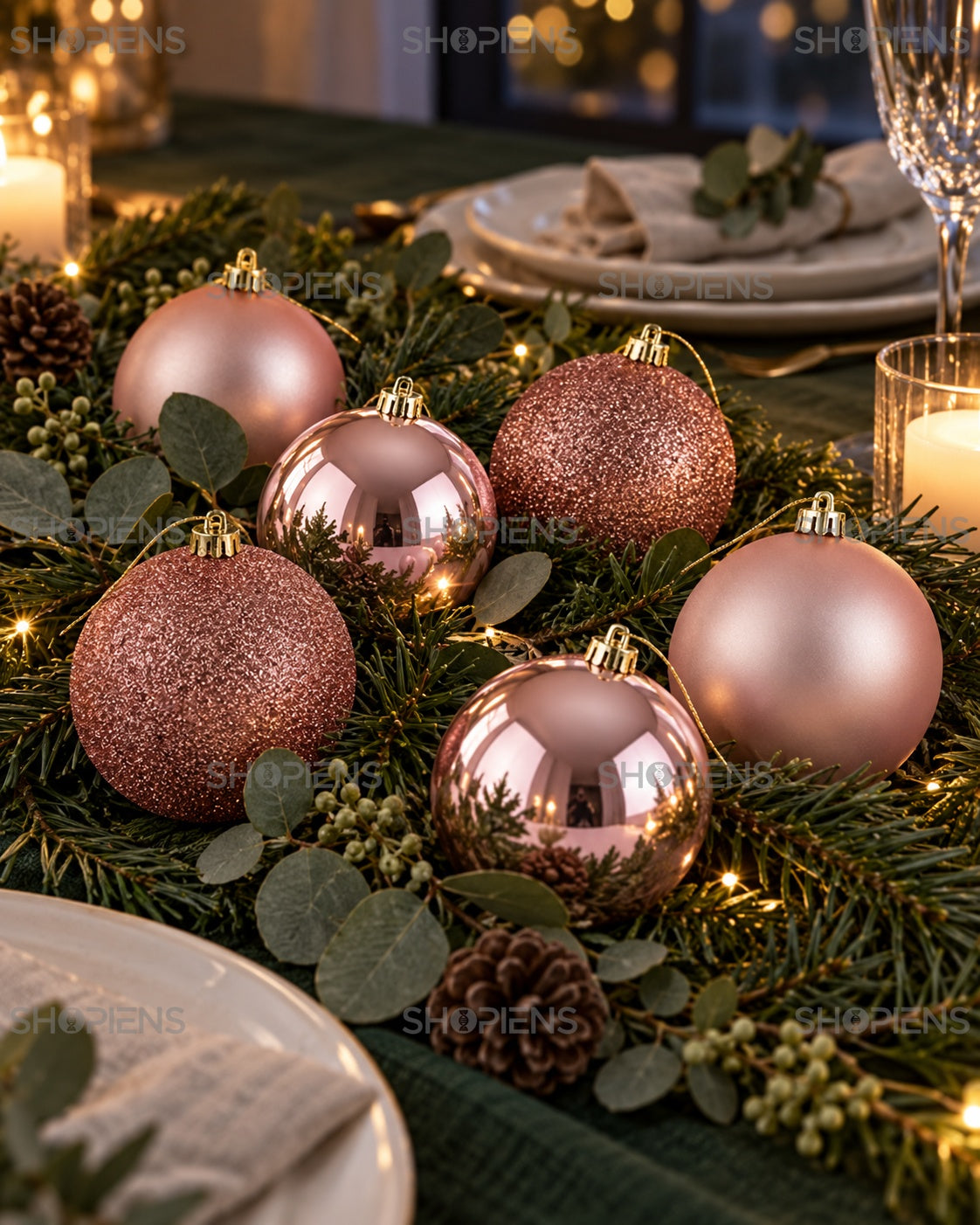 Set 6 globuri roz cu trei finisaje, 10 cm – aranjament festiv pe masă – Shopiens