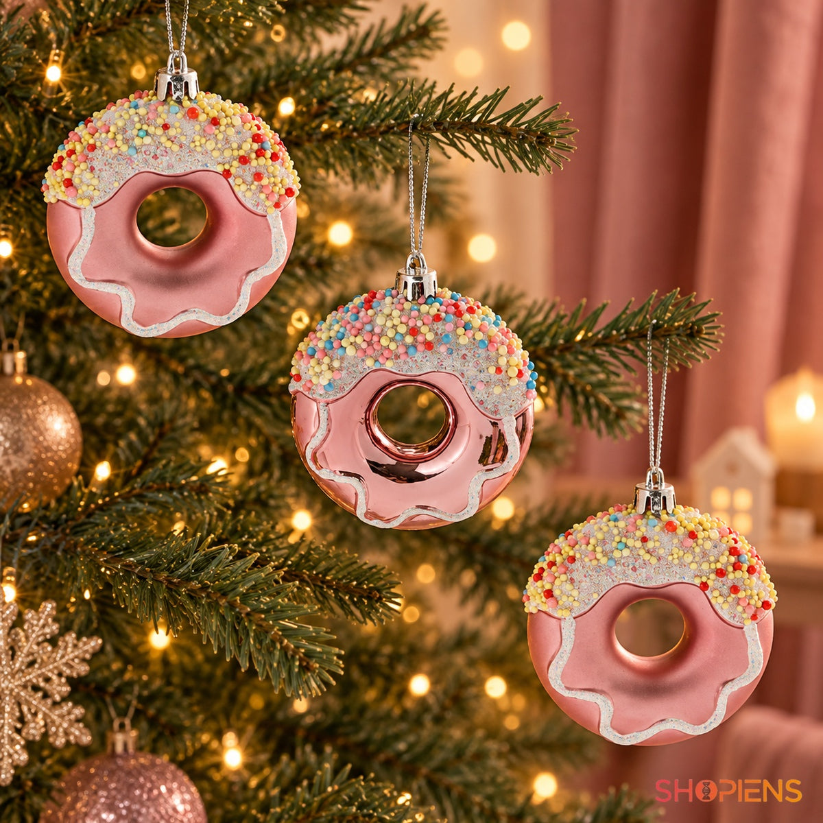 Trei gogoși decorative roz cu glitter și mărgele în brad – Shopiens