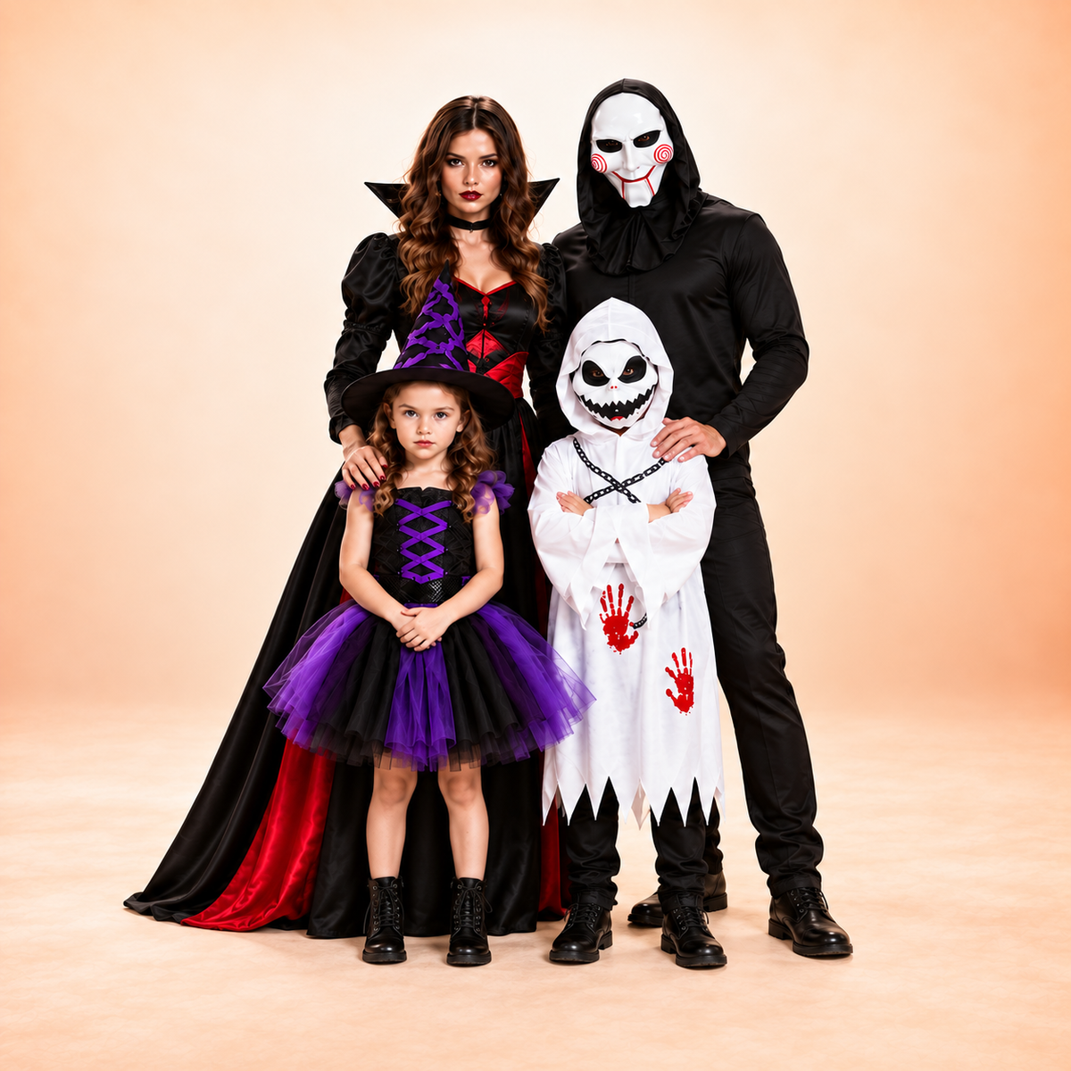 Familie în costume de Halloween: vampiriță, vrăjitoare, fantomă și mască horror