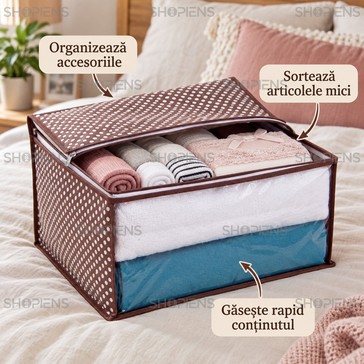Husă compactă maro cu buline, 35 cm