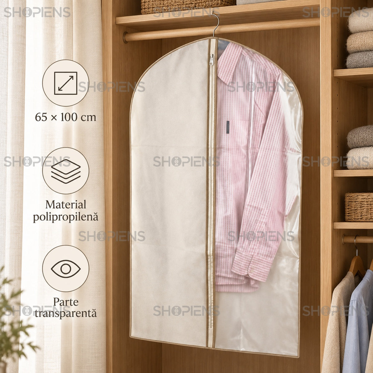Husă ecru pentru sacouri și costume, 100 cm