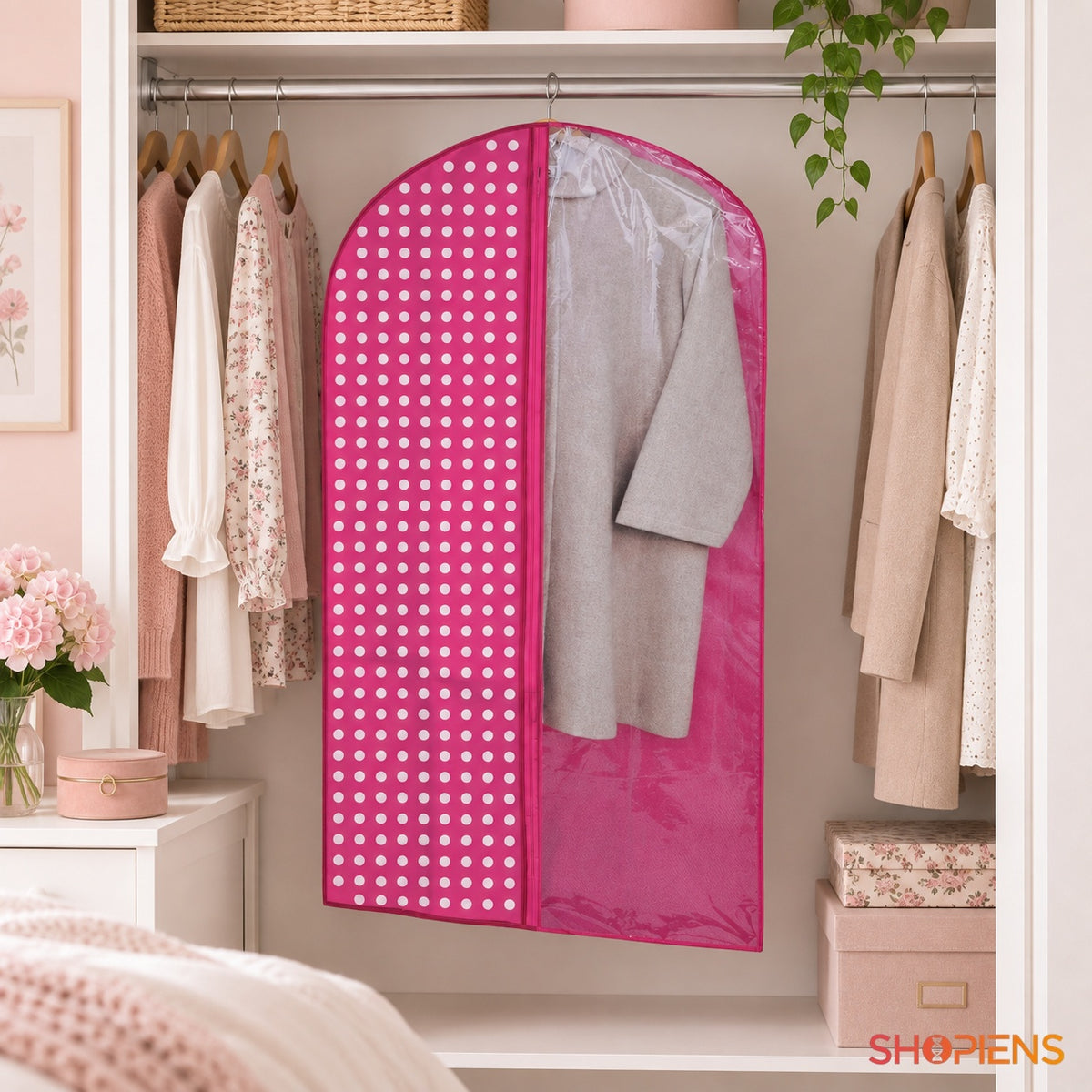 Husă fucsia cu buline pentru costume, 100 cm