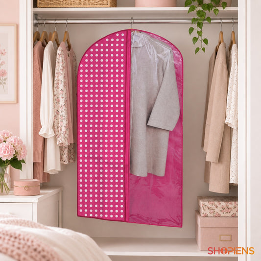 Husă fucsia cu buline pentru costume, 100 cm