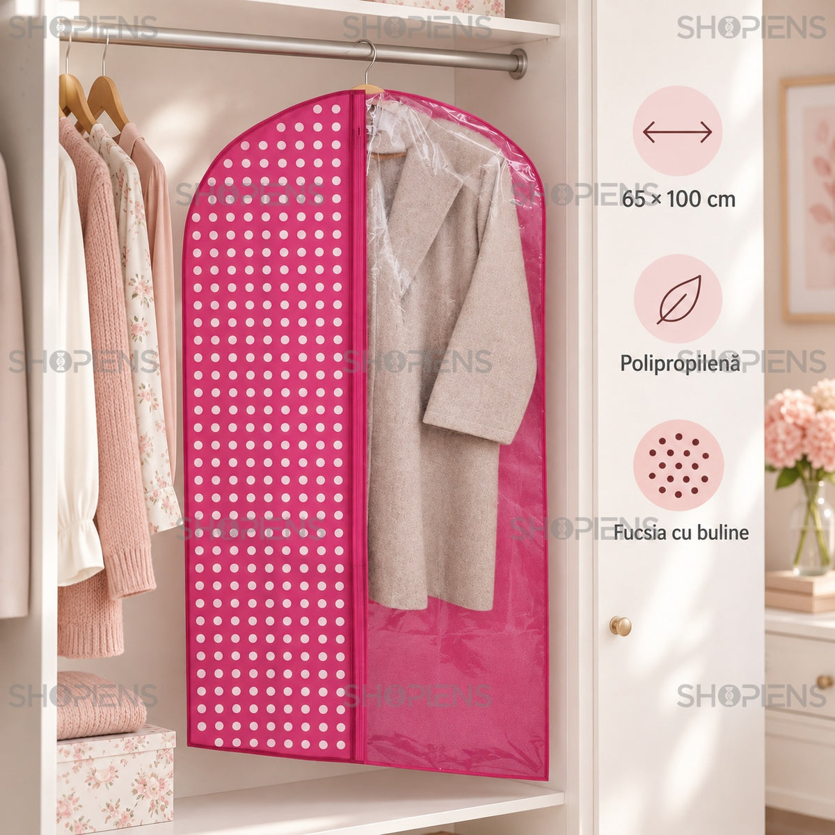 Husă fucsia cu buline pentru costume, 100 cm