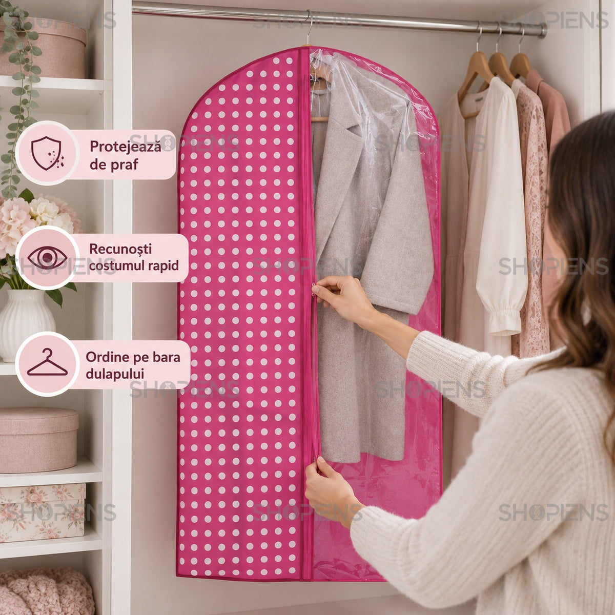 Husă fucsia cu buline pentru costume, 100 cm