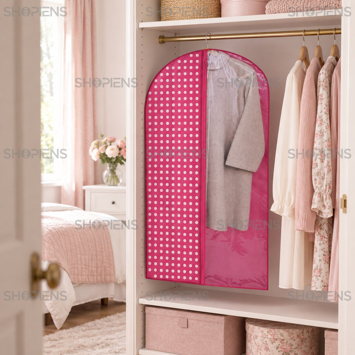 Husă fucsia cu buline pentru costume, 100 cm