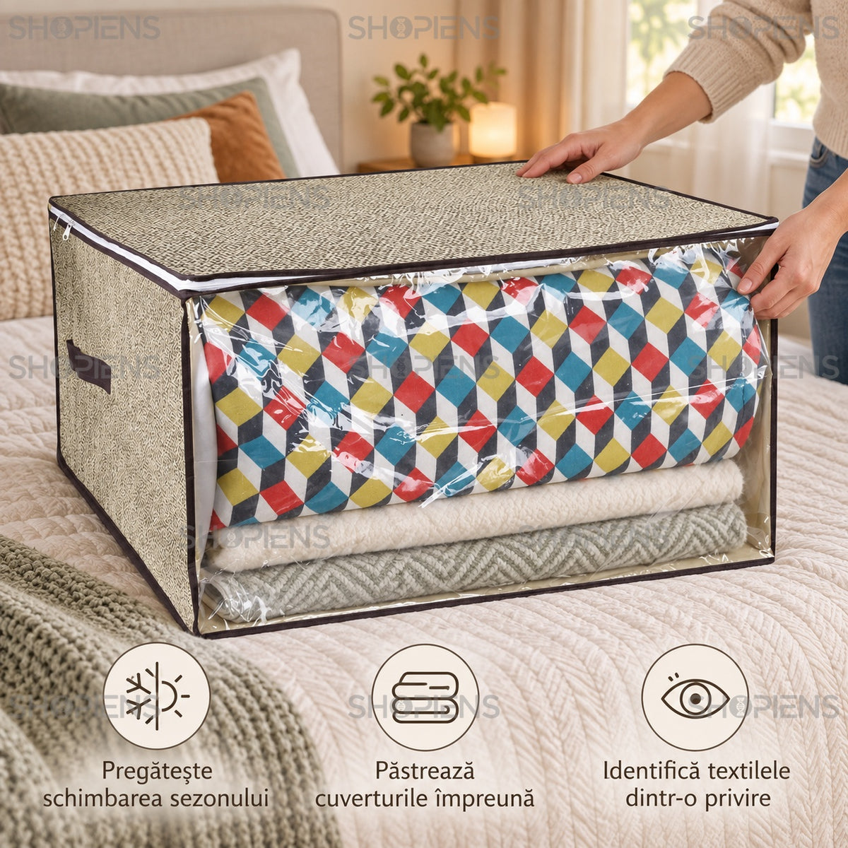 Husă încăpătoare pentru textile, bej, 65 × 55 × 40 cm
