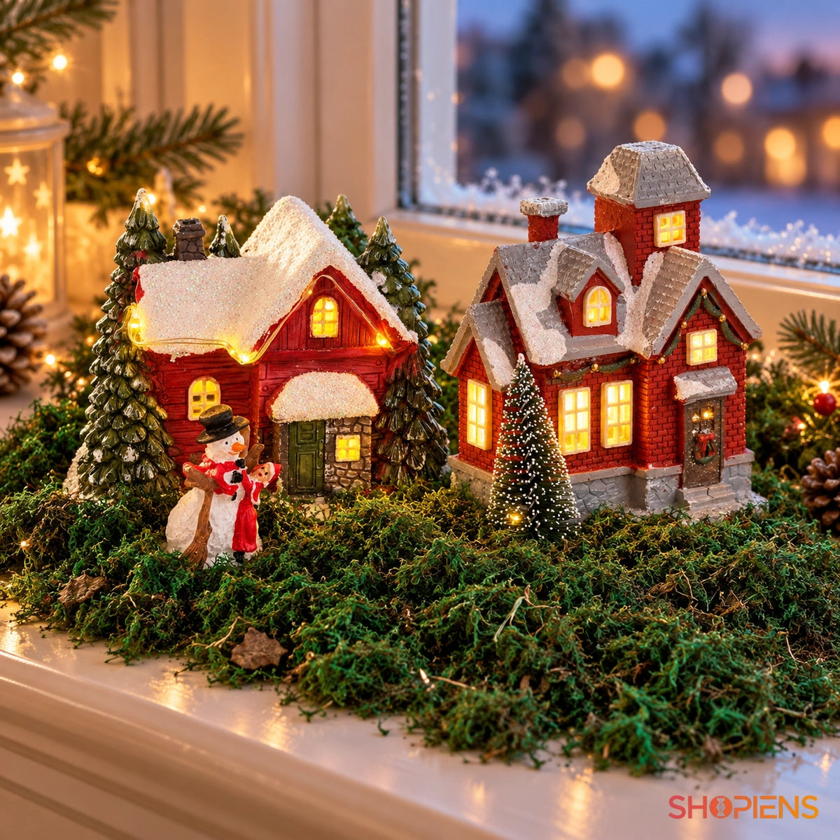 Iarbă decorativă verde pentru iesle și satul de Crăciun, 100 g folosită în satul de Crăciun, lângă două căsuțe cu LED; decor neinclus | Shopiens®