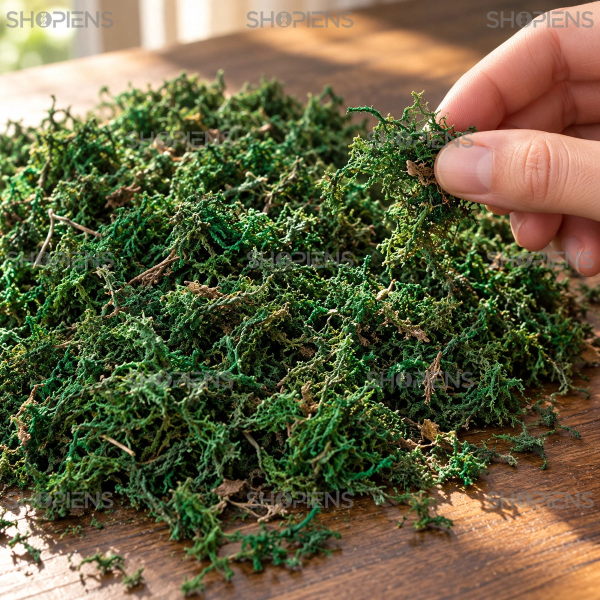 Iarbă decorativă verde pentru iesle și satul de Crăciun, 100 g în prim-plan, cu o mână pentru comparația texturii și mărimii | Shopiens®
