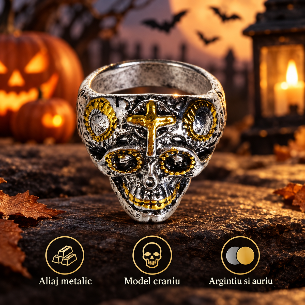 Inel Craniu Argintiu Cu Accente Aurii, Stil Gotic - specificatii - Shopiens