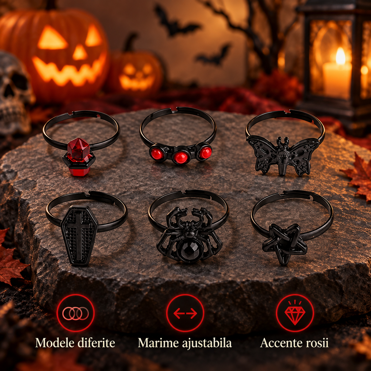 Inele Negre Reglabile Cu Motive Halloween, Set De 6 - avantaje - Shopiens