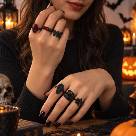 Inele Negre Reglabile Cu Motive Halloween, Set De 6 - in folosinta 2 - Shopiens