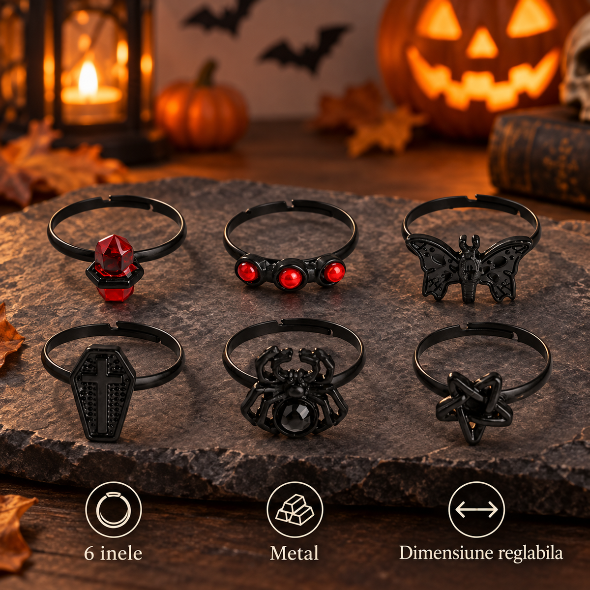 Inele Negre Reglabile Cu Motive Halloween, Set De 6 - specificatii - Shopiens