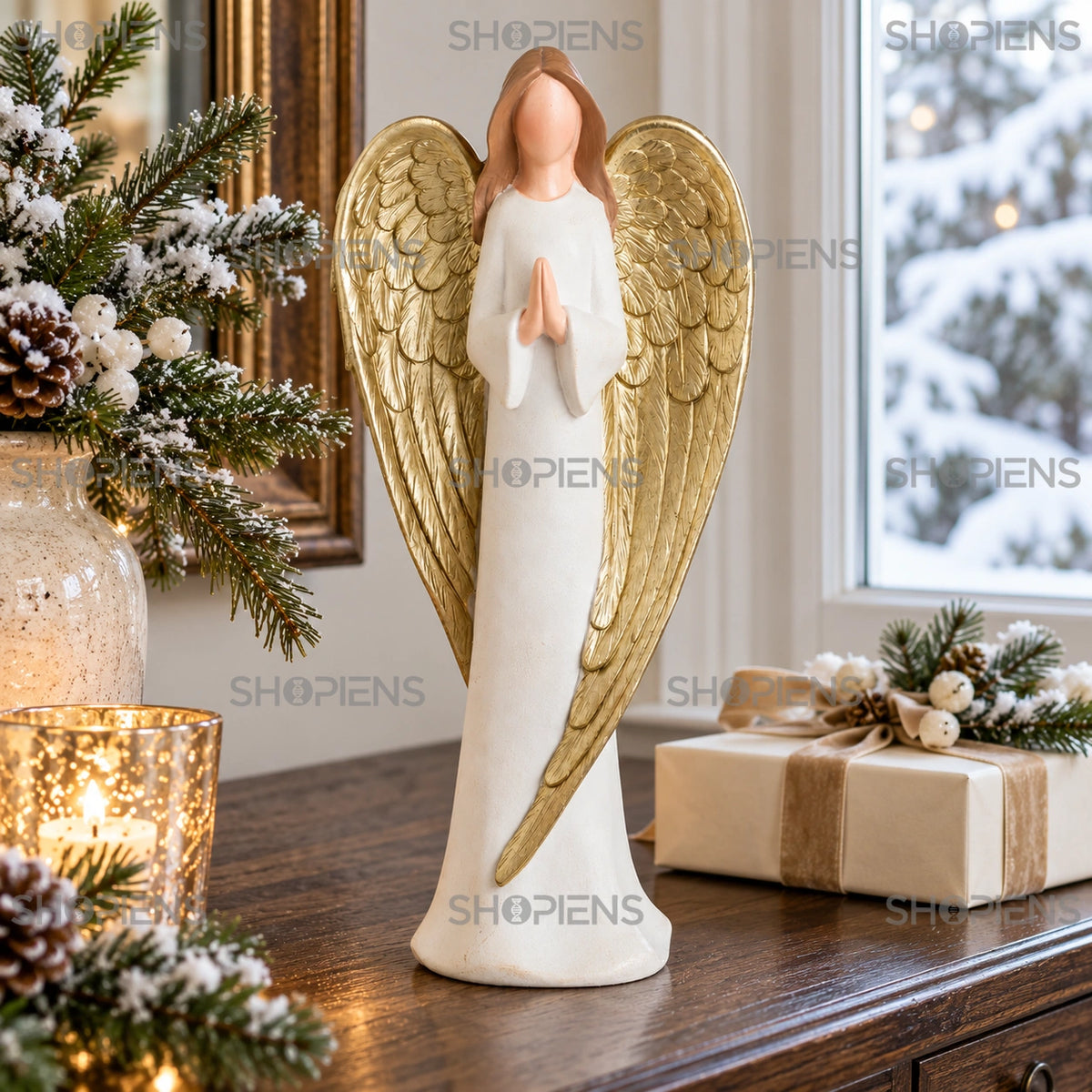 Înger vintage în rugăciune cu aripi aurii, 34 cm pe o consolă lângă fereastră, într-un decor de iarnă | Shopiens®