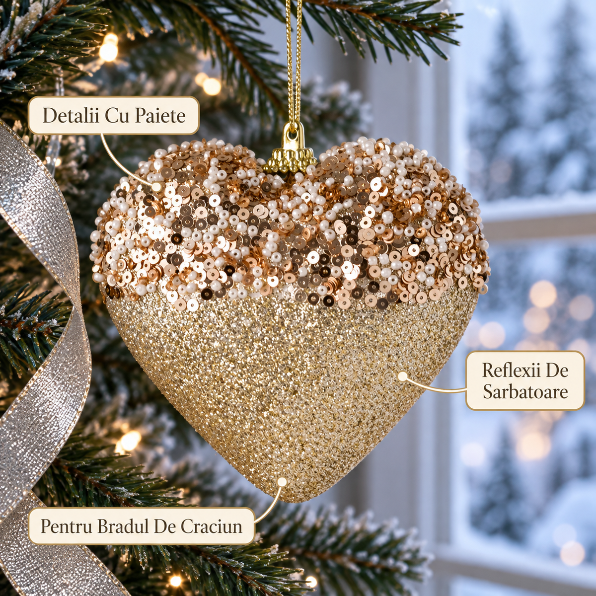 Inima Bej Sampanie Cu Margele Si Glitter 11 Cm - avantaje - Shopiens