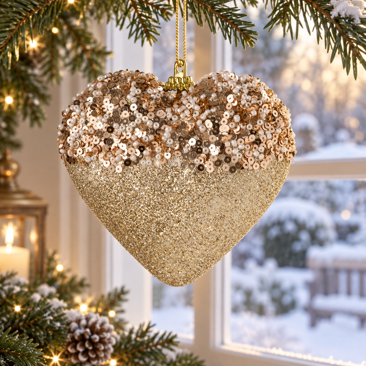 Inima Bej Sampanie Cu Margele Si Glitter 11 Cm - in folosinta 2 - Shopiens