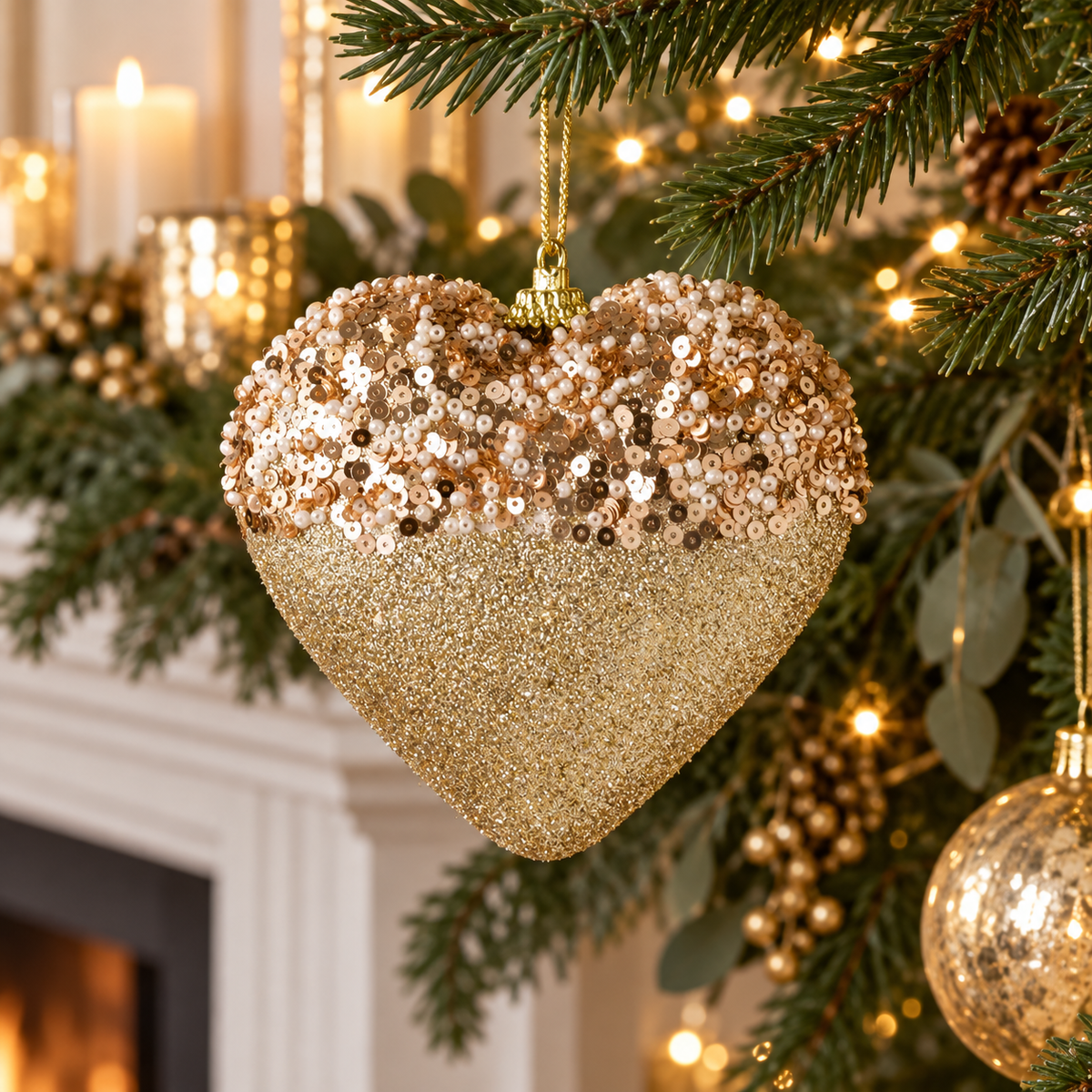 Inima Bej Sampanie Cu Margele Si Glitter 11 Cm - lifestyle principala - Shopiens