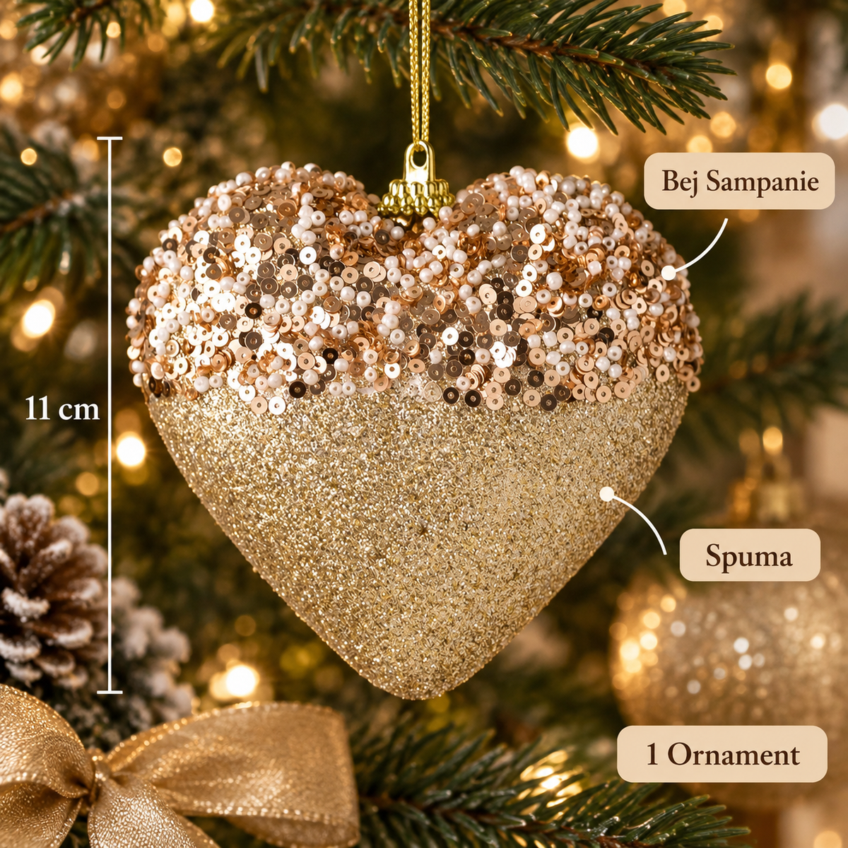 Inima Bej Sampanie Cu Margele Si Glitter 11 Cm - specificatii - Shopiens