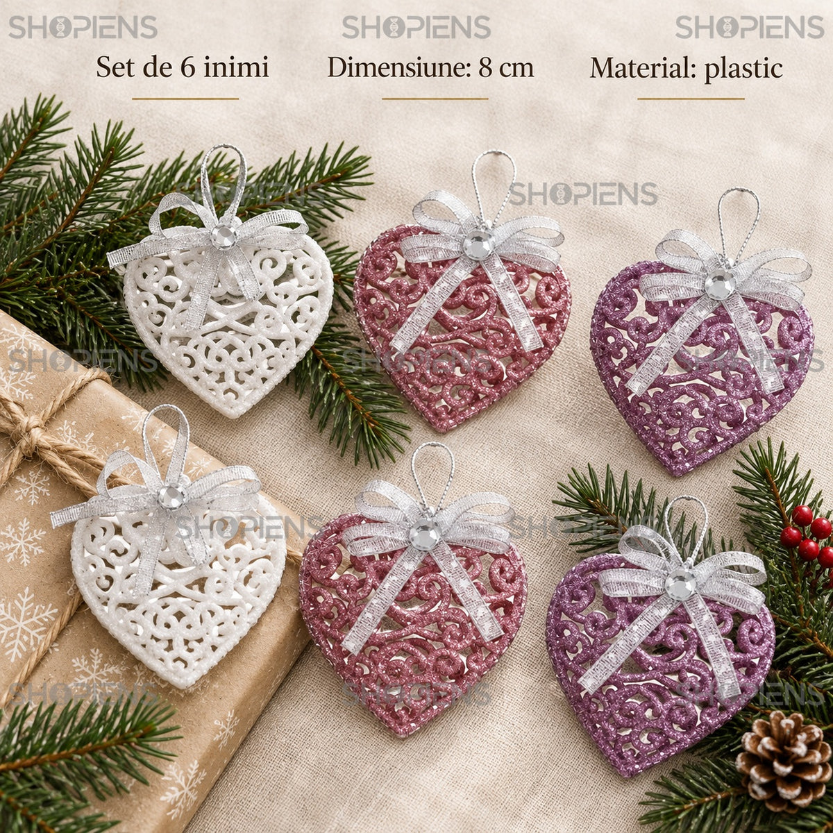 Set 6 inimi ajurate albe, roz și mov, 8 cm – specificații și conținut – Shopiens
