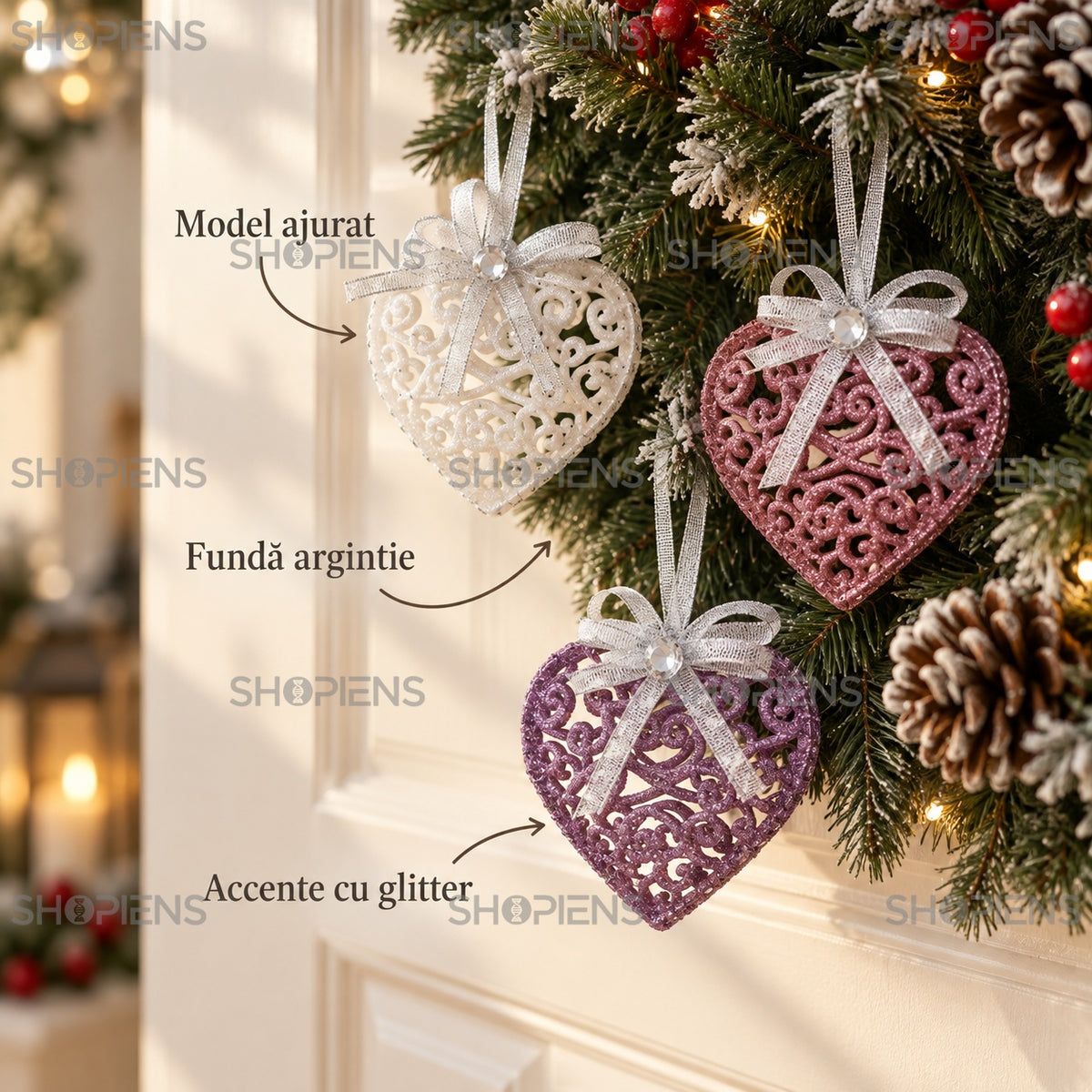 Set 6 inimi ajurate albe, roz și mov, 8 cm – model ajurat, fundiță și glitter – Shopiens