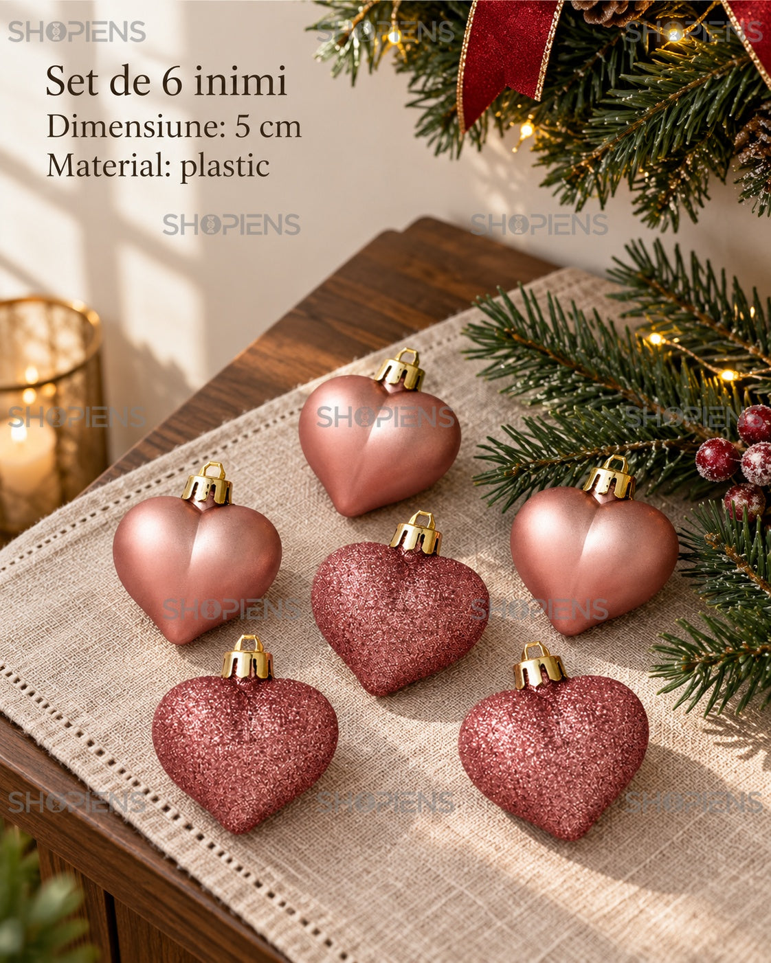 Inimi roz-auriu pentru brad, set 6, 5 cm – specificațiile setului – Shopiens