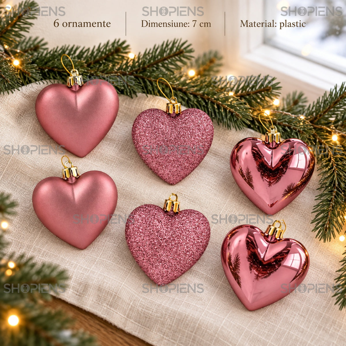 Inimi roz cu finisaje mixte, 7 cm, set 6 – specificațiile setului – Shopiens
