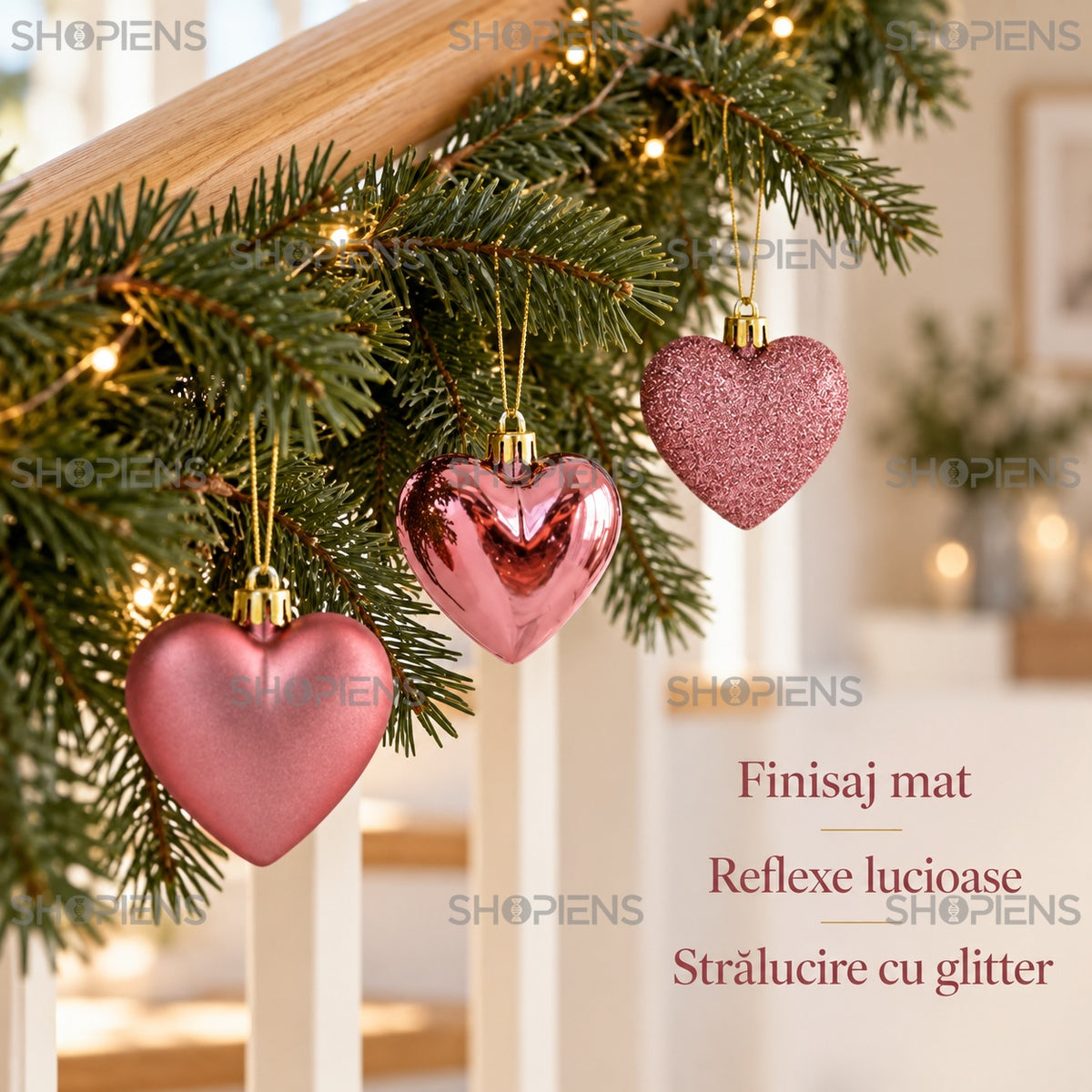 Inimi roz cu finisaje mixte, 7 cm, set 6 – finisaje mate, lucioase și glitter – Shopiens