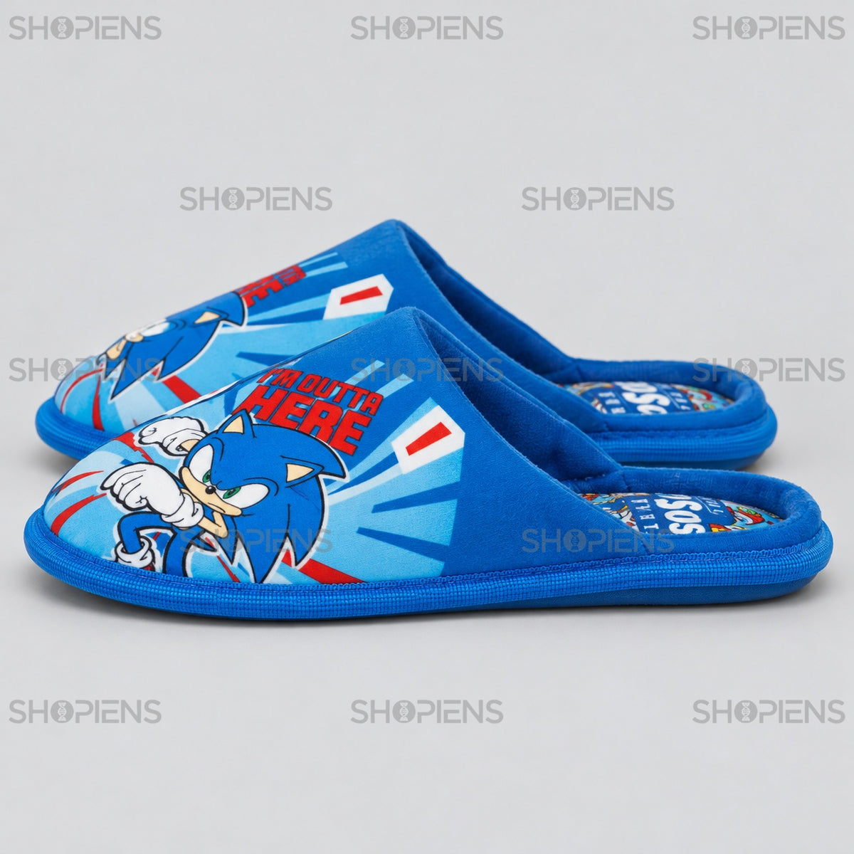 Papuci bleu Sonic cu imprimeu colorat — profil stânga