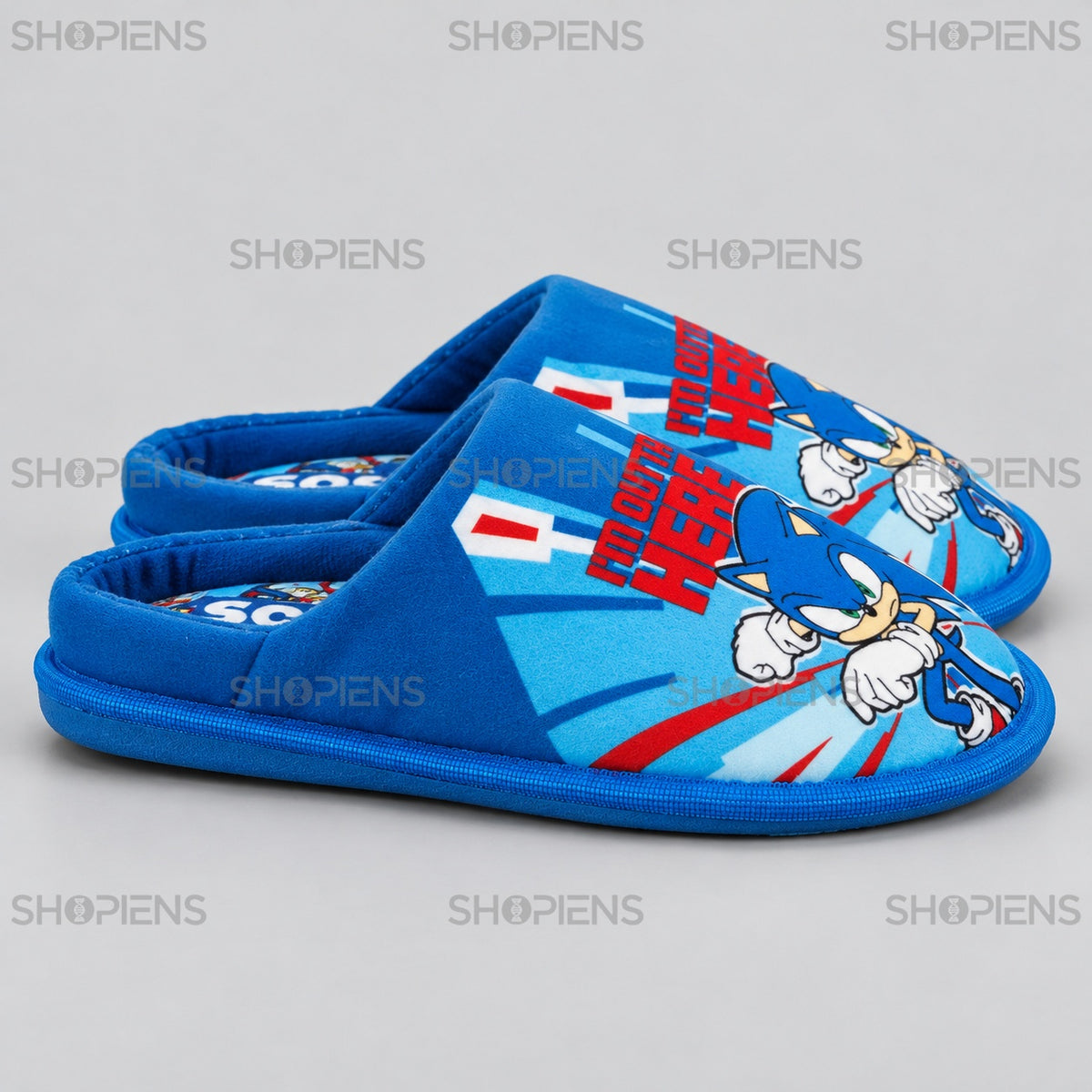 Papuci bleu Sonic cu imprimeu colorat — profil dreapta