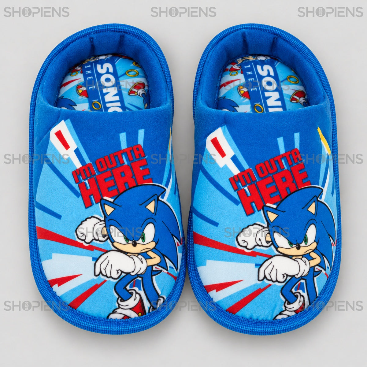 Papuci bleu Sonic cu imprimeu colorat — vedere de sus