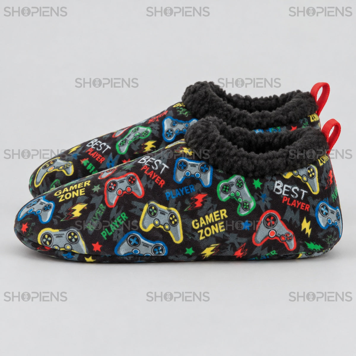 Botoșei negri cu imprimeu gaming pentru copii — profil stânga