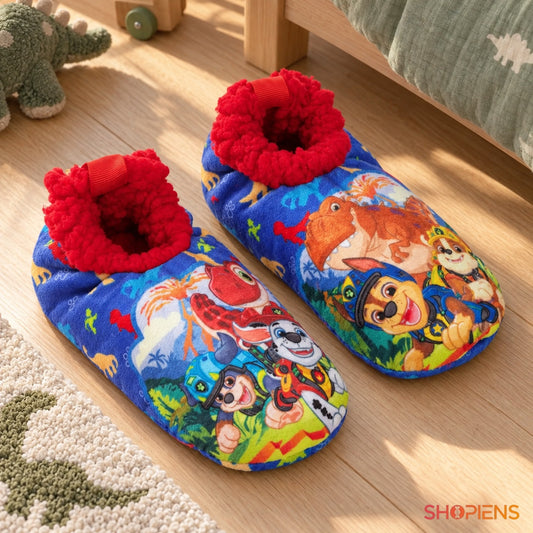 Botoșei Paw Patrol cu dinozauri și interior roșu — în decor de casă, mărimea 27-28