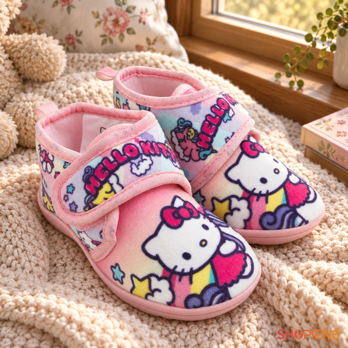 Botoșei roz Hello Kitty cu închidere cu arici — în decor de casă, mărimea 22