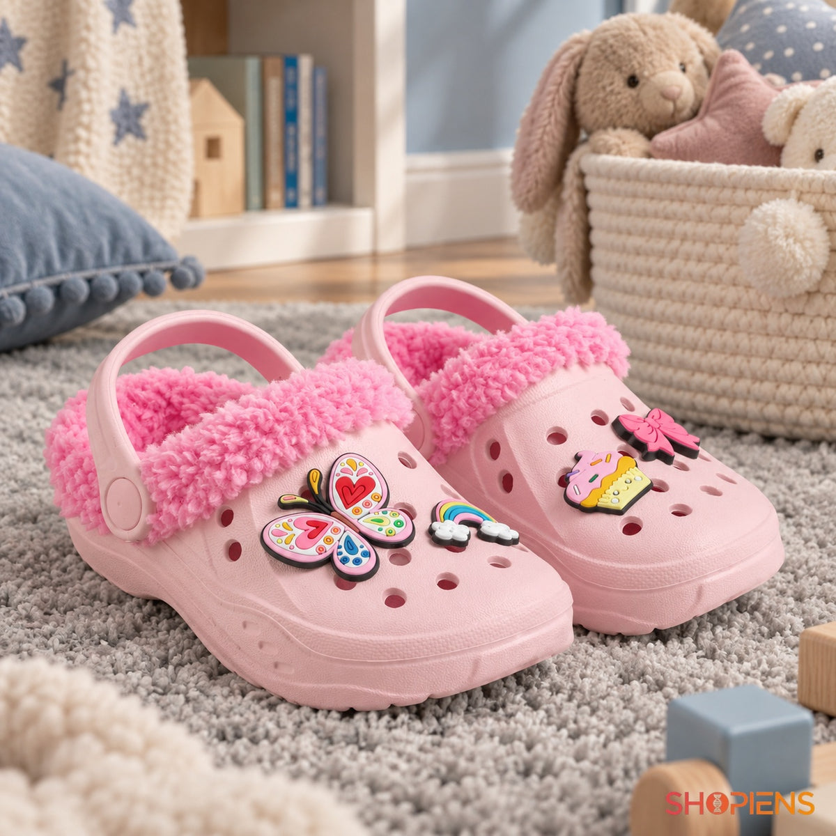 Papuci de casă roz cu accesorii colorate pentru copii — în decor de casă, mărimea 22-23