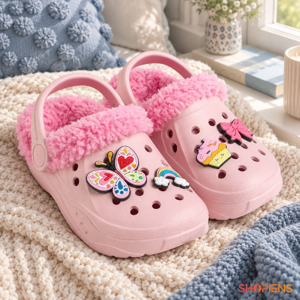 Papuci de casă roz cu accesorii colorate pentru copii — în decor de casă, mărimea 24-25