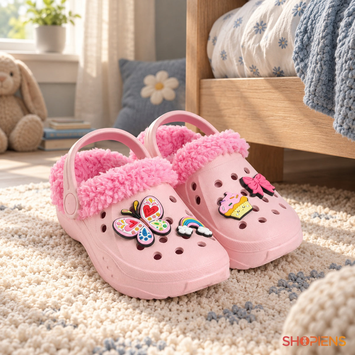 Papuci de casă roz cu accesorii colorate pentru copii — în decor de casă, mărimea 28-29