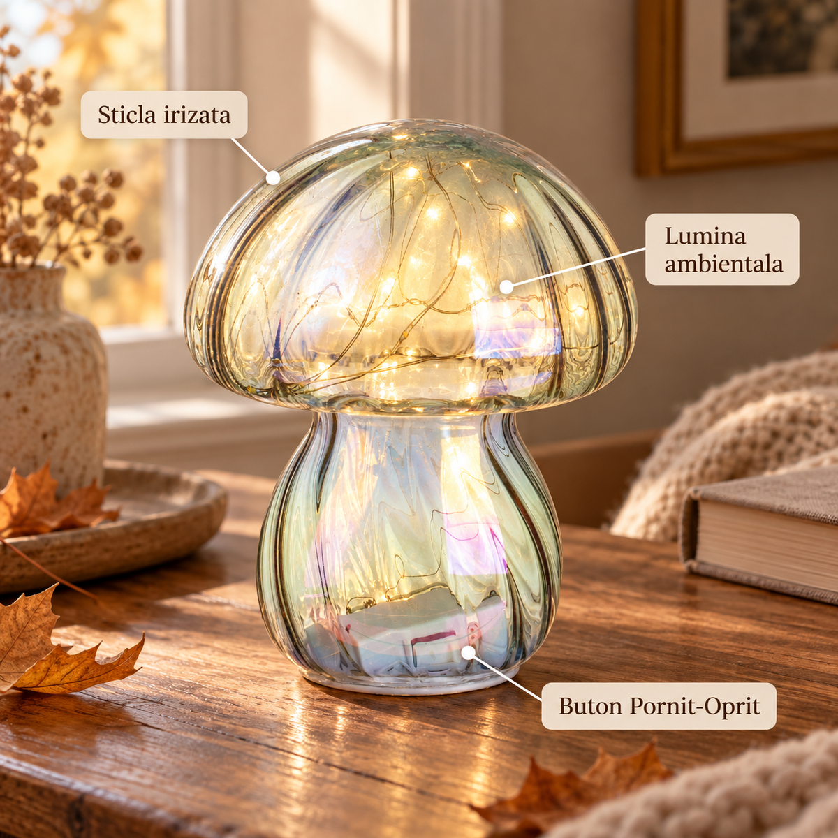Lampa Ciuperca Din Sticla Irizata Cu 15 LED-Uri - avantaje - Shopiens