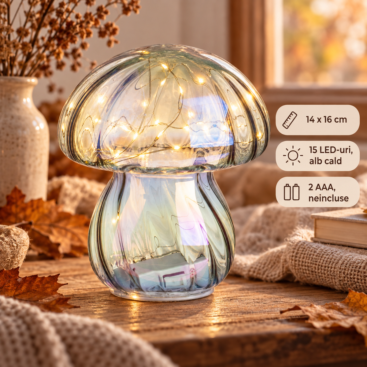 Lampa Ciuperca Din Sticla Irizata Cu 15 LED-Uri - specificatii - Shopiens