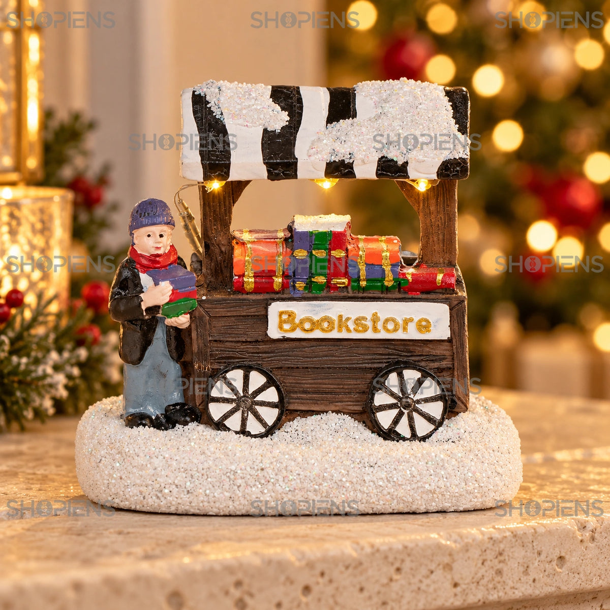 Librărie în miniatură cu cărți și lumină LED, 9,5 cm pe șemineu, într-un decor de seară cu lumini de Crăciun | Shopiens®