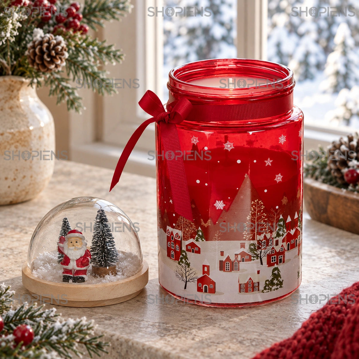 Lumânare în borcan roșu deschis și capac cu cupolă alături | Shopiens®